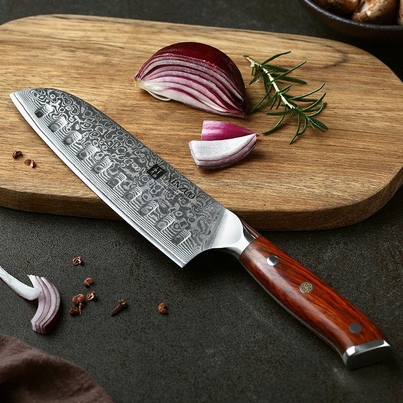 XINZUO 7 дюймов нож Santoku японский нож шеф-повара vg10 Дамасская сталь Профессиональный кухонный нож с эргономичной ручкой из розового дерева