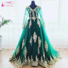 Зеленое свадебное платье с v-образным вырезом и длинными рукавами, с золотой кружевной аппликацией, со шнуровкой на спине, ТРАПЕЦИЕВИДНОЕ, со шлейфом, мусульманские свадебные платья DQG038