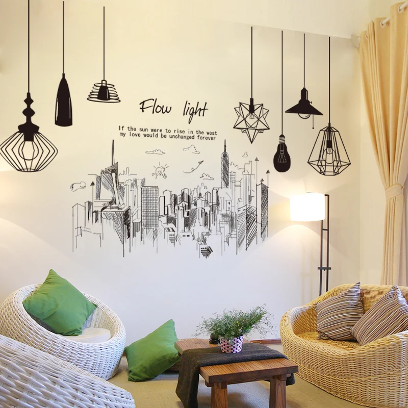 

Modern Tall Buildings Lamps Wall Stickers DIY Black Chandeliers Wall Art for Living Room Bedroom Office Decoration