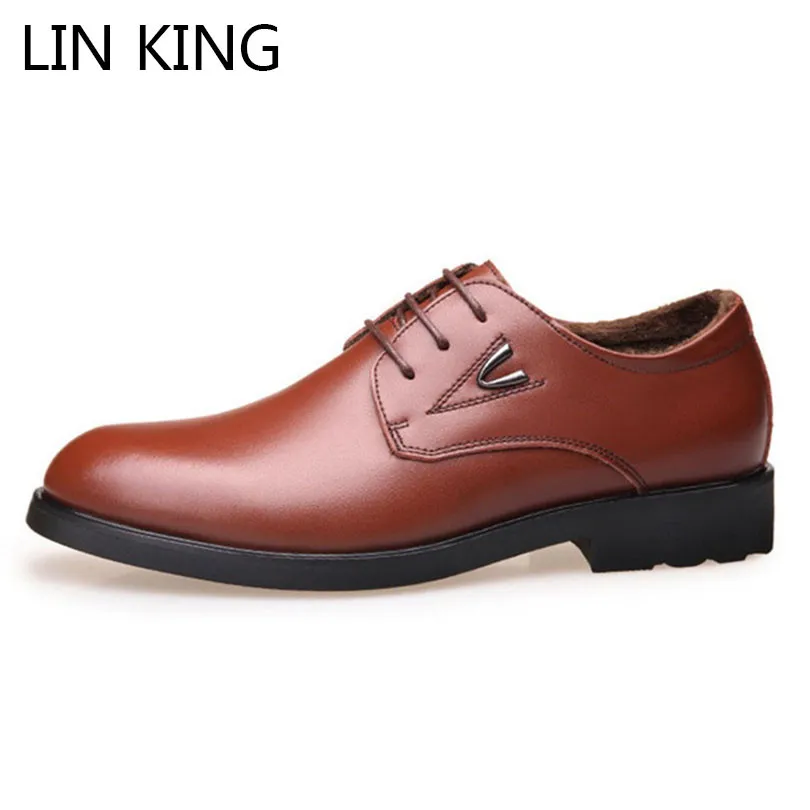 

LIN KING Fashion Genuine Leather Men Winter Dress Shoes Warm Plush Lace Up Ankle Casual Shoes Round Toe Formal Shoes For Party