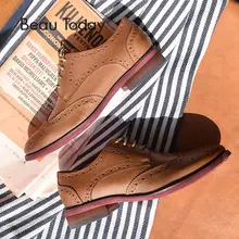 BeauToday Genuine Sheepskin Brogue Shoes Women New Fashion Lady Lace-Up Round Toe Waxing Leather Derbies female Flat 21024 beautoday monk shoes women buckle straps genuine leather calfkin round toe lady flats handmade brogue style shoes 21408