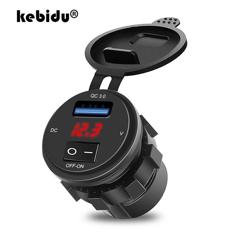 

Phone Fast Charging Motor Power Adapter with Switch LED Voltmeter Voltage Display Vehicle QC 3.0 USB 18W DC 12V-24V Waterproof