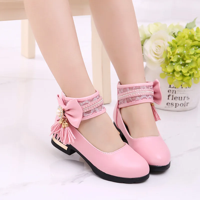 New Girls Shoes With Bow-tie Fashion Pearl Princess Spring Autumn Children High Heels Black White Pink A847 |