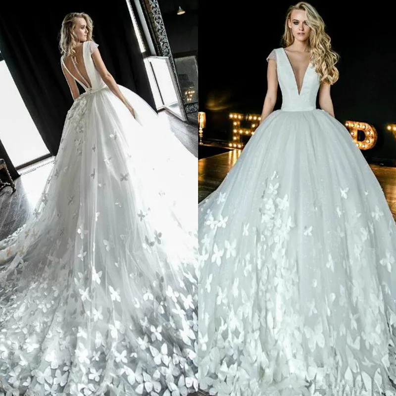olivia-bottega-2019-wedding-dresses-v-neck-cap-sleeve-romantic-butterfly-appliques-tulle-bridal-gowns-with-sheer-buttons-back-wedding-dress_副本