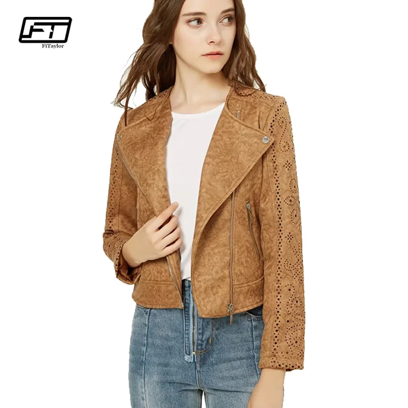 

Fitaylor Women Suede Leather jacket Vintage Punk Leather Coat Hollow Out Indie Folk Biker Jacket Bomber Pink Matte Outwear