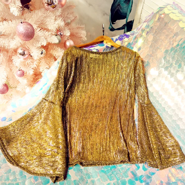 Cakucool, весенний женский топ с золотым люрексом, пуловер, яркая блузка с длинными рукавами, блестящие прозрачные свободные рубашки, Солнцезащитный Топ для женщин