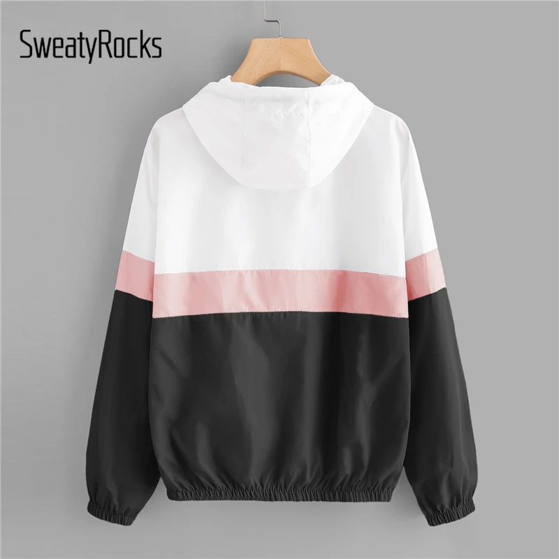 astounding  SweatyRocks Autumn Hoodies Women Windbreaker Casual Hooded Patchwork Jackets Clothes Color Block El