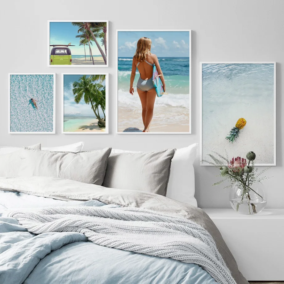 купить! Пляж для серфинга Кокосовая пальма Море Автомобиль Пейзаж Wall Art Холст Картины Северные Плакаты