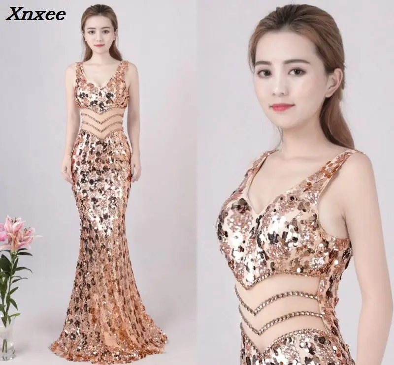 

2018 Sexy Gold Mermaid Sequins Dress Backless V-neck Long Evening Party Club Woman Silver Maxi Dress Prom Formal Dresses Xnxee
