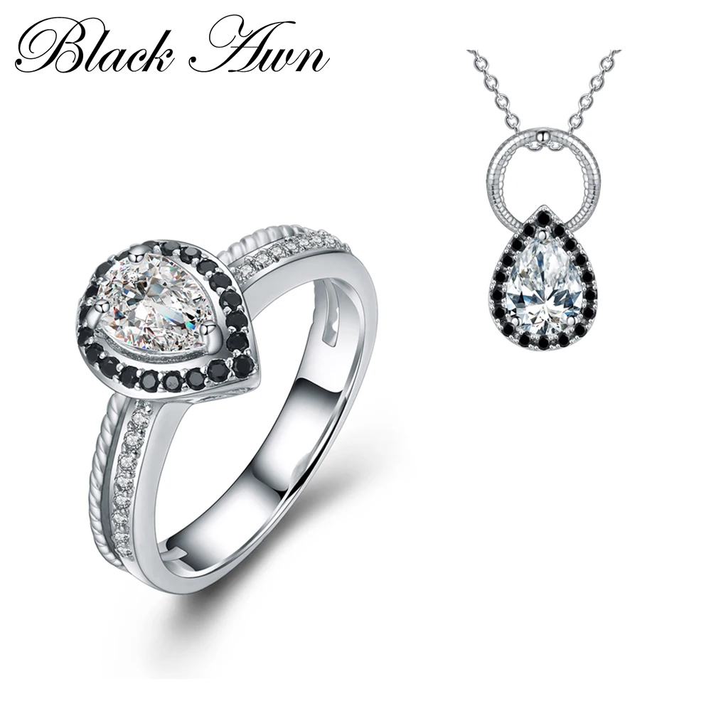 

925 Sterling Silver Fine Jewelry Sets Trendy Engagement Sets Wedding Necklace+Ring for Women PR050
