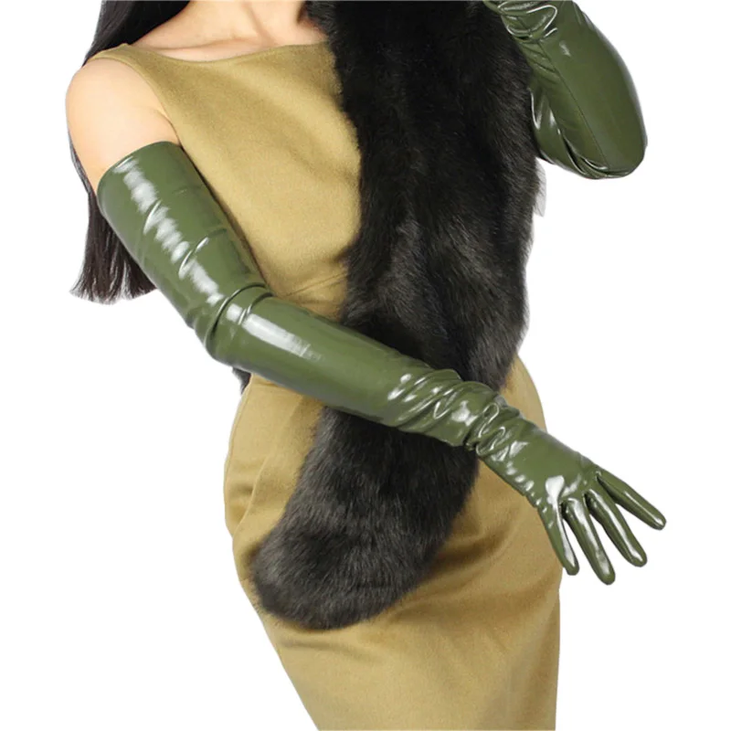 Fashionable Patent Leather Woman's Gloves 70cm Long PU Synthetic Leather Gloves Imitation Genuine Leather Female Mittens P41-1