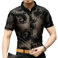 ペイズリーパタパタ花シースルーシャツ 2018 半袖夏セクシーなウェディング透明シャツカミーサ Masculina シュミーズオム