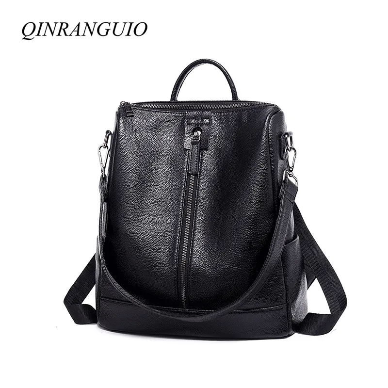 

QINRANGUIO Genuine Leather Backpack Women School Bags for Teenage Girls 2018 New Women Backpack Casual Black Backpack