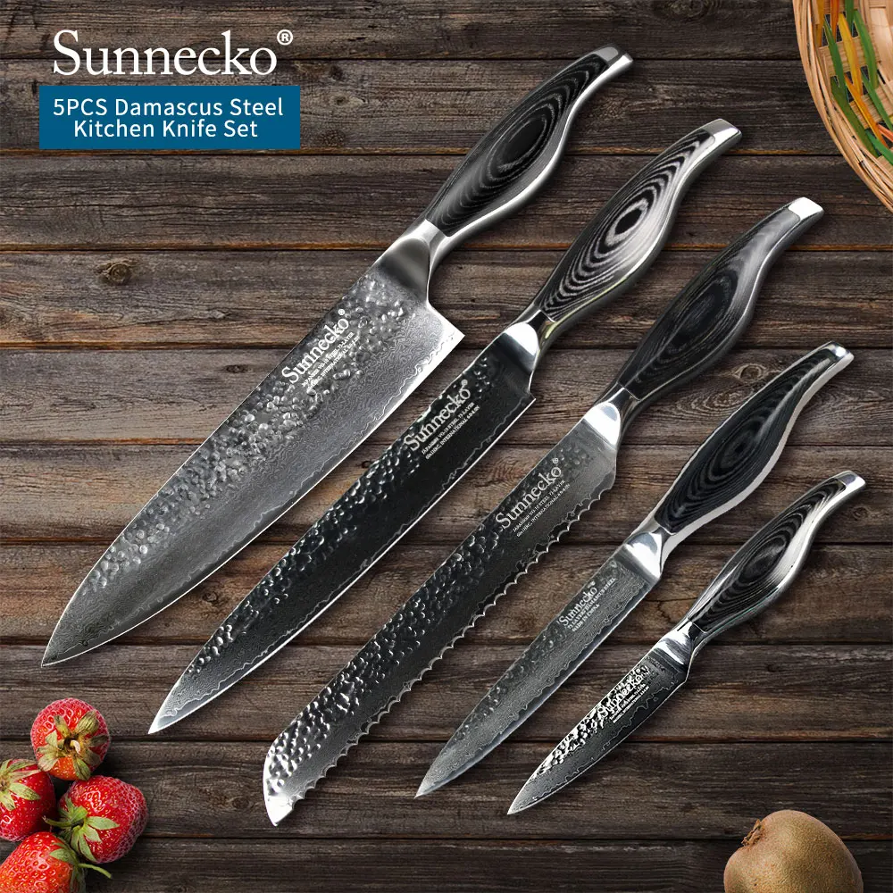 

SUNNECKO 5PCS Kitchen Knives Set Utility Chef Knife 73 Layers Japaness Damascus VG10 Steel Cooking Tools Sharp Pakka Wood Handle