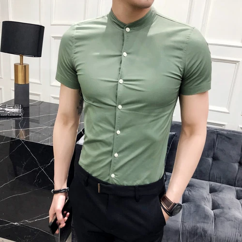 

LOLDEAL Stand Collar Casual Summer Shirt Men Slim Fit Half Sleeve Fashion Solid Color Thin Shirt Male