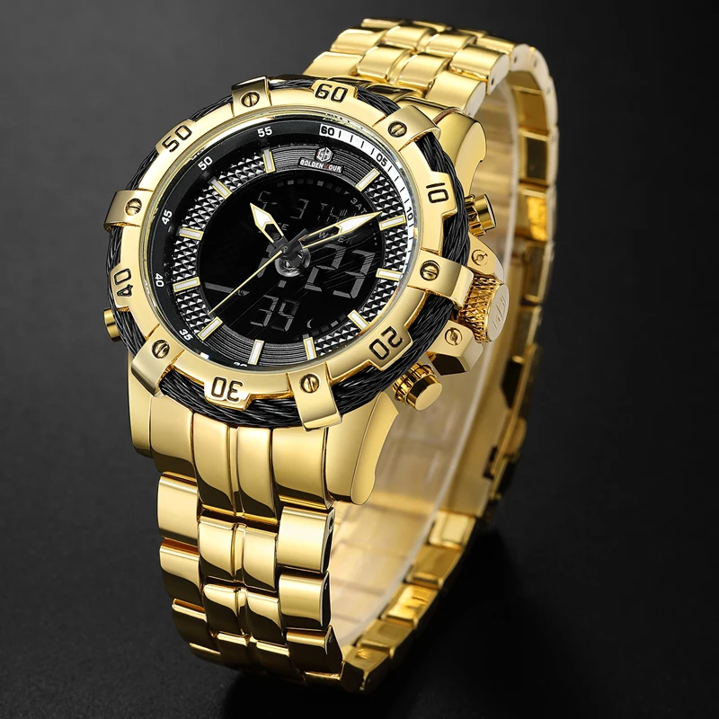 GOLDENHOUR Männer Uhr Dual Display Quarz Armbanduhren Edelstahl Wasserdicht Sport_voghion.com