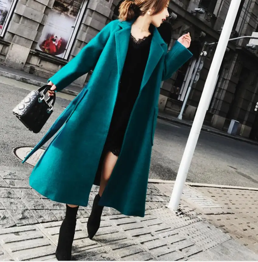 Павлин синий двустороннее шерстяное пальто женская зимняя длинная юбка Свинг тип талии шерстяное пальто утолщение
