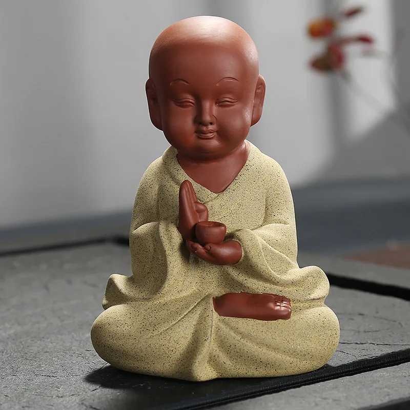 Buddha Statue Little Monk Colored Sand Ceramics Home Club Geomantic Decoration Purple Sand Figurines Tea Pet (Color : D) (A