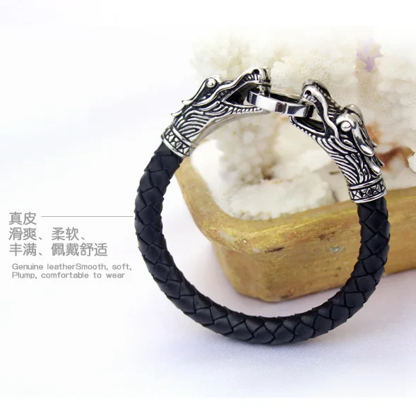 Кожаный тибетский серебряный мужской титановый браслет, модные мужские винтажные аксессуары, браслет с драконом, мужские ювелирные изделия
