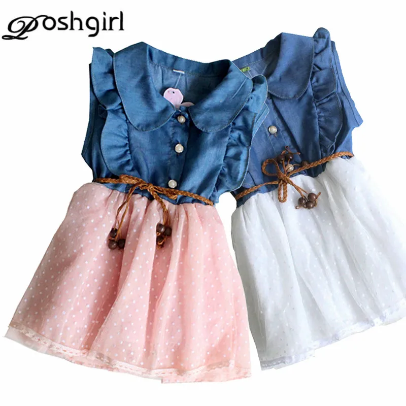 Cute Kids One Piece Dress Girls Ruffled Denim Gauze Tutu Clothes Baby