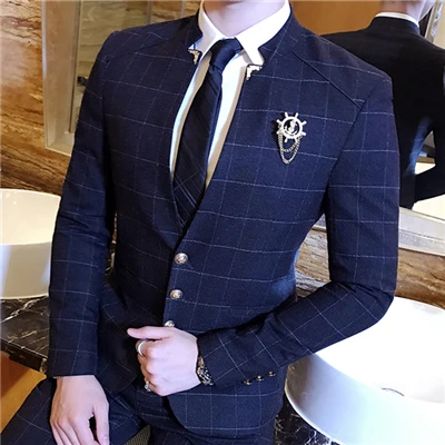 Осенний мужской клетчатый костюм куртка и брюки деловой Свадебный Мужской комплект из двух предметов S M L XL XXL XXXL - Цвет: a Blue jacket