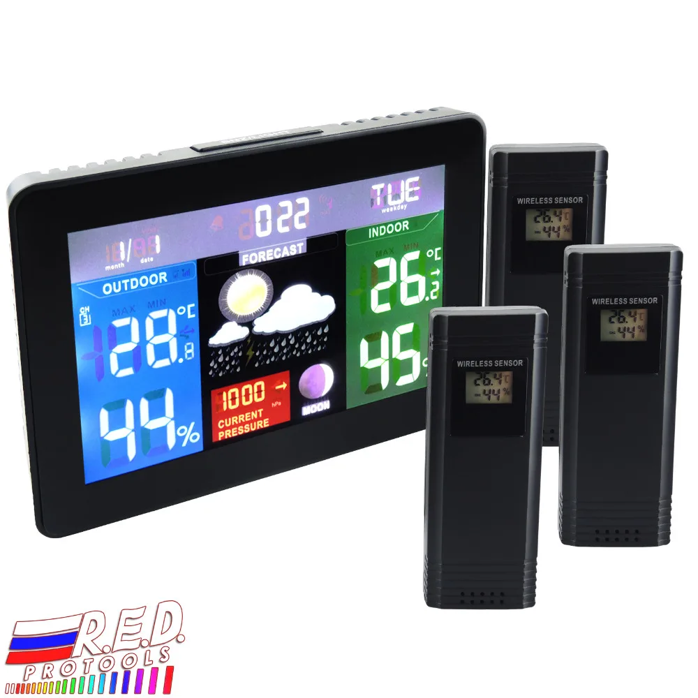 

3 Wireless Sensors Weather Station, Color Display Radio Controlled Clock, Barometer RH% Temperature Moon Phase 5 Forecast - 220V