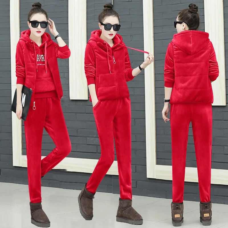 

Golden Velvet Suit Female Fashion 2019 New Leisure Sanitary Wear Autumn Sports Winter Thickening and Furring Three-piece Suit
