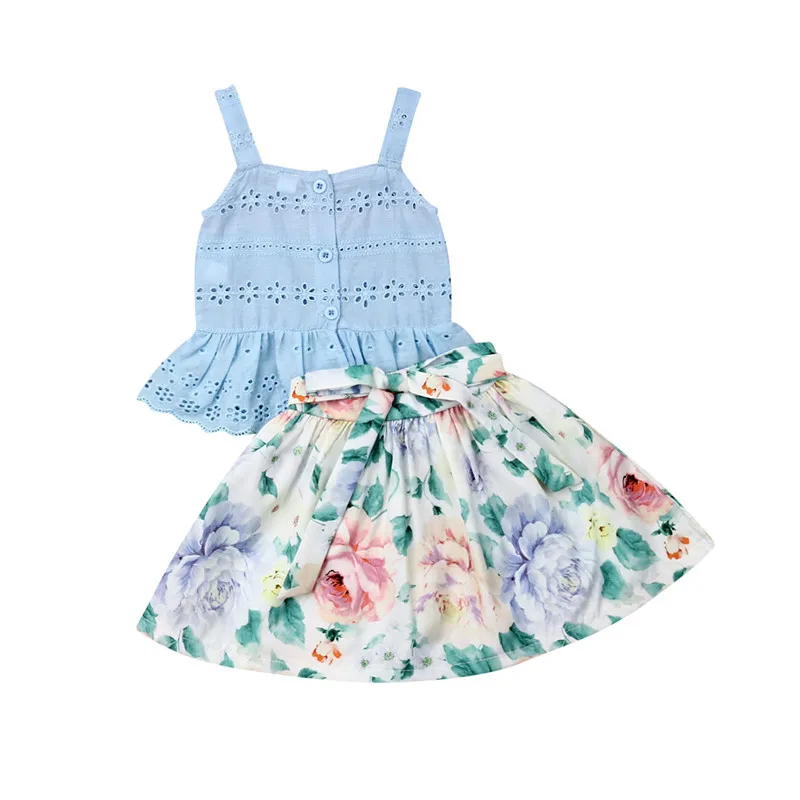 

2019 New Fashion Toddler Kids Baby Girl Blue Vest Tops Bow Knot Floral Skirt 2Pcs Infant Cute Outfit Sunsuit Summer Clothes 0-5Y