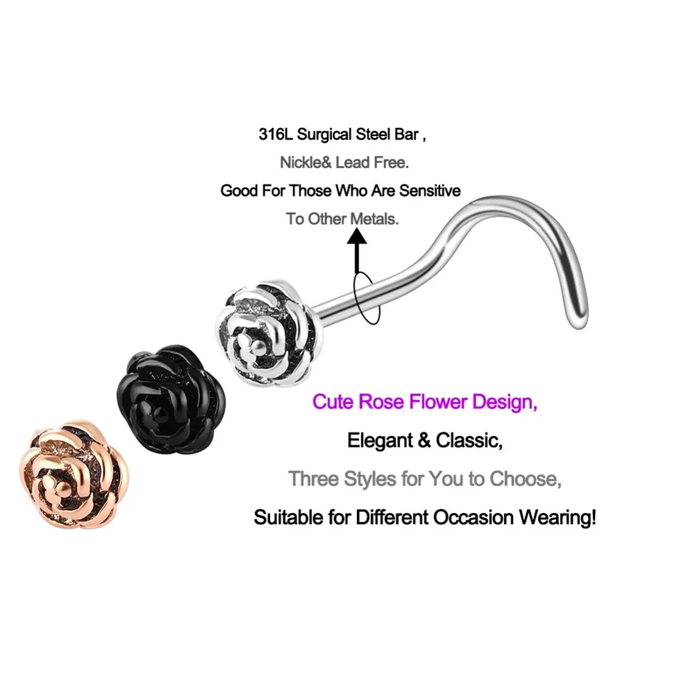 Кольца для пирсинга в носу в стиле панк, 3 шт., 20 г, розовый цветок, пирсинг для носа, винт 316L, нержавеющая сталь, пирсинг для тела, ювелирные изделия для женщин