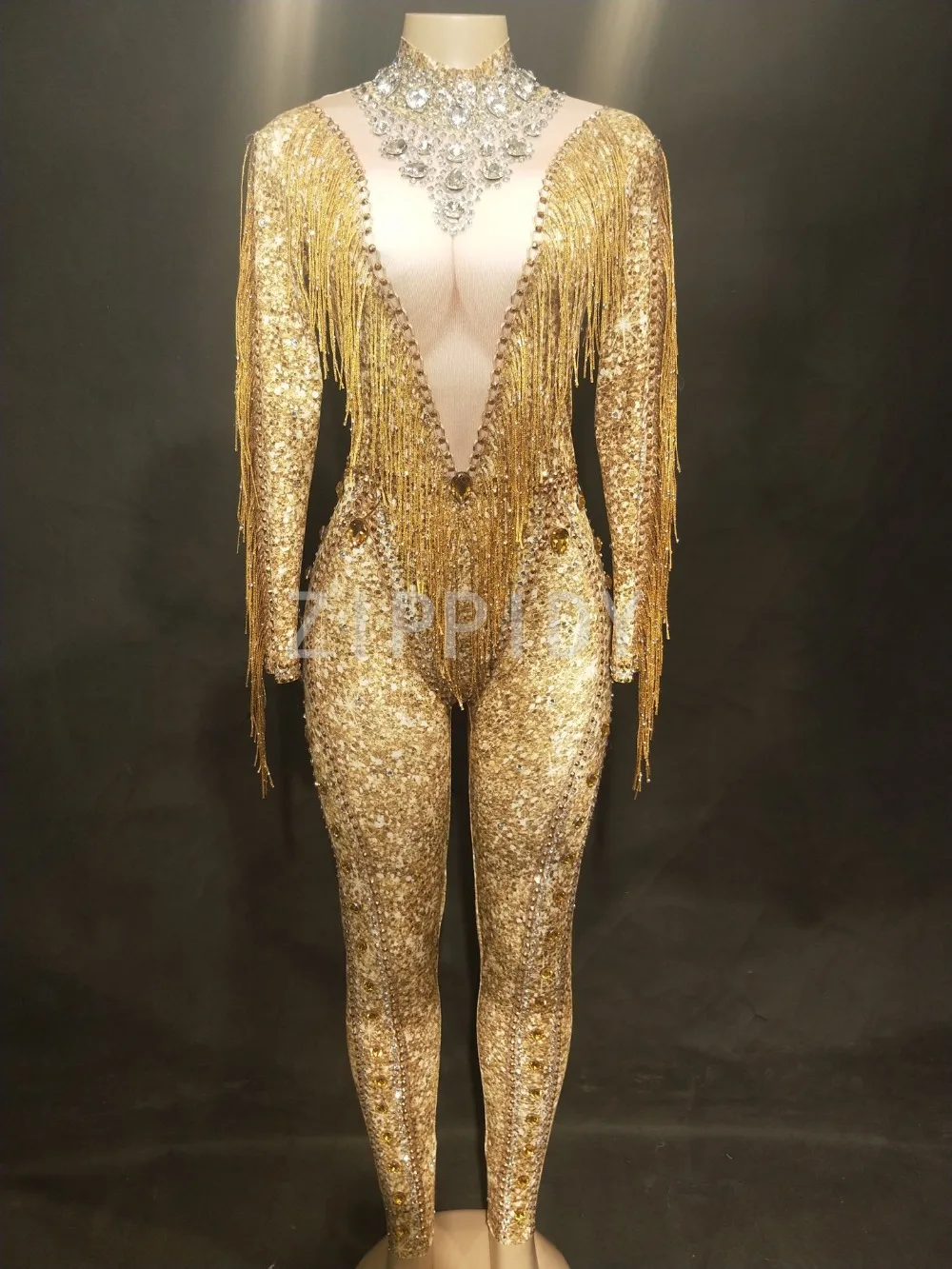 Sparkly Gold Stones Tassel Jumpsuit Rhinestones Sexy Bodysuit Female Singer Evening Stage Wear Women's Birthday Celebrate Outfit