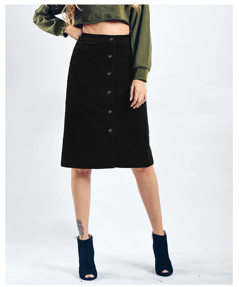 Autumn a-line skirt corduroy skirt in the long high waist slit skirt multi button pocket skirt (9)