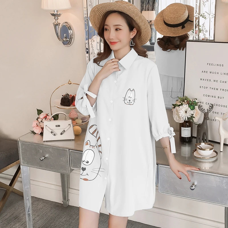 

632# Cartoon Printed Chiffon Maternity Blouses Large Size Loose Shirt Clothes for Pregnant Women Spring Summer Pregnancy Tops