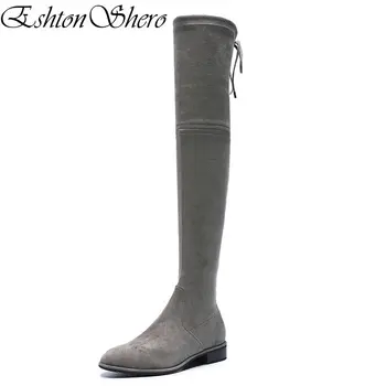

EshtonShero Women Over The Knee Boots Low Heel Shoes Woman Pointed Toe New Arrivals Black Ladies Motorcycle Boot Size 34-39