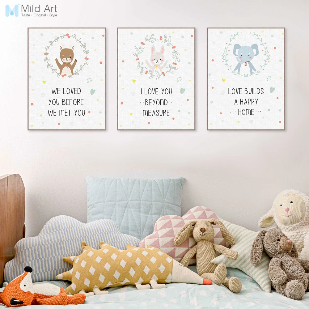 Affiches Et Imprimes D Animaux Kawaii Citations D Amour Ours Cerf Lapin Images D Art Murales Decor Nordique Pour Chambre De Bebe Fille Peinture Sur Toile Aliexpress