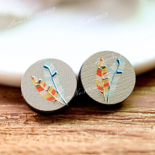 

Unique 3D Feather Embossed 16mm Round Coloured Drawing pattern Laser Cut wood Cabochon DIY for Rings, Earring,Brooch,Necklace