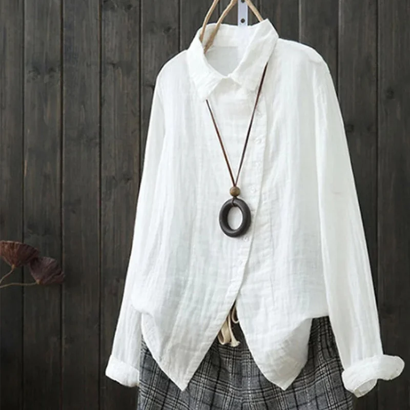 Linen Cotton Long Sleeve Large Women Blouses Plus Size 4XL Irregular Turn Down Collar Buttons Women Shirts 2019 Summer Lady Tops