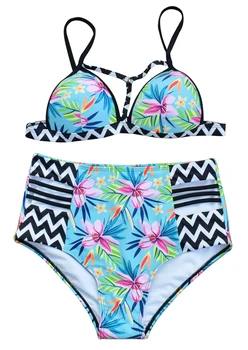

Free shipping Sexy Floral Print High Waist Bikini Set 4F4599