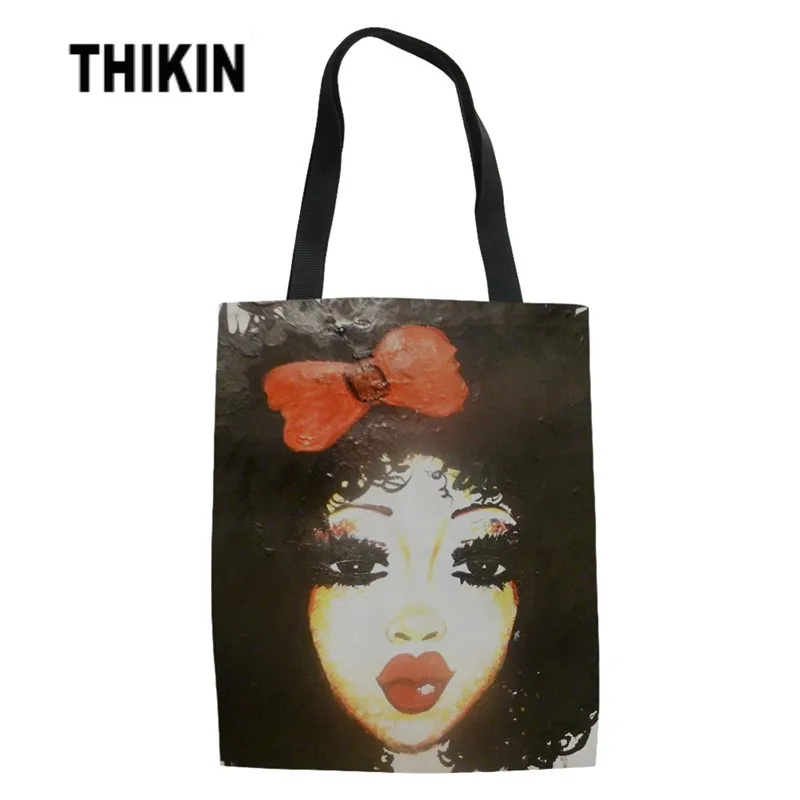 YQ1904Z22 THIKIN Black Art Afro Lady Girls Printing Casual Large Linen Tote Ladies Shopping Bag for Women Reusable Shoulder Bags - Цвет: YQ1904Z22