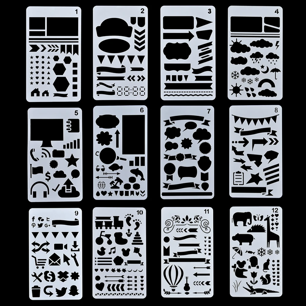 

12Pcs/Set Bullet Journal Set Stencil Plastic Planner DIY Drawing Hollow Template for Diary Notebook Scrapbook Craft Cutting Dies