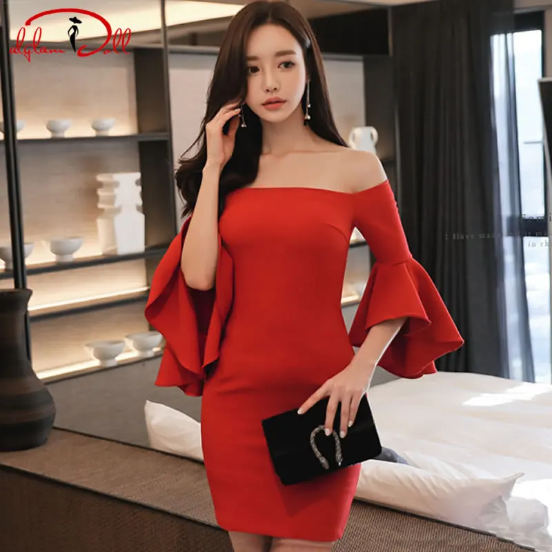 2017 Winter Party Vestidos Women Bodycon Mini Cloth Red Slash Neck ...