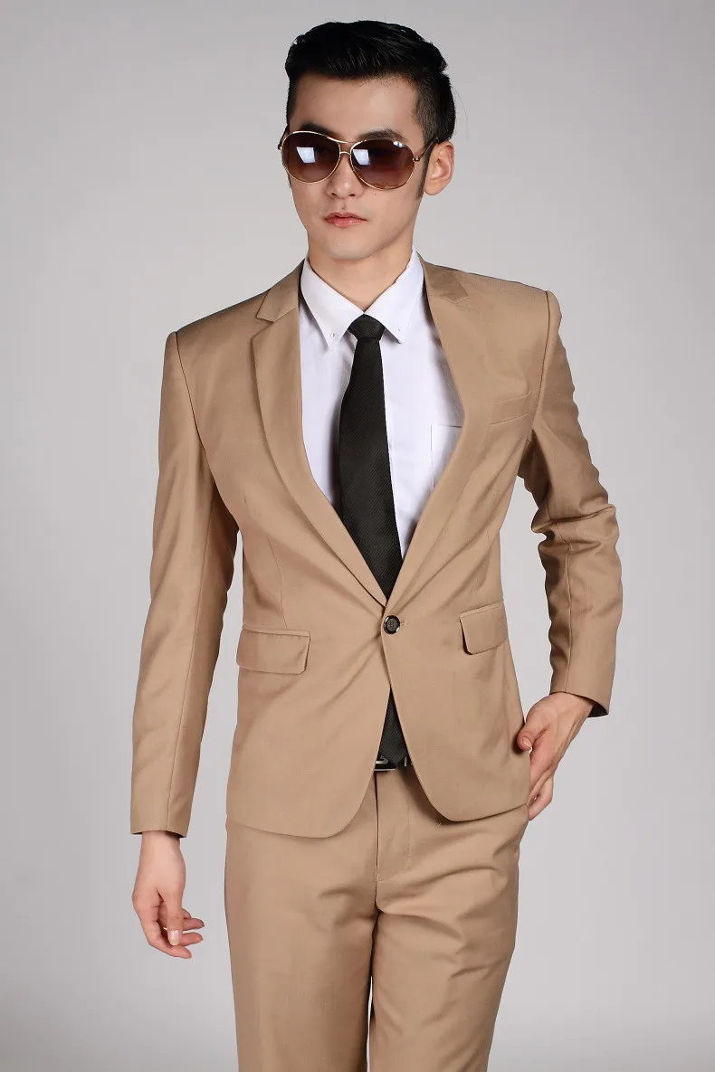 (Jacket + Pants) High Quality Khaki Men Suit Wedding Dress Groom Suit Prom Party Pants Set Mens Business Casual Suit Terno Noivo