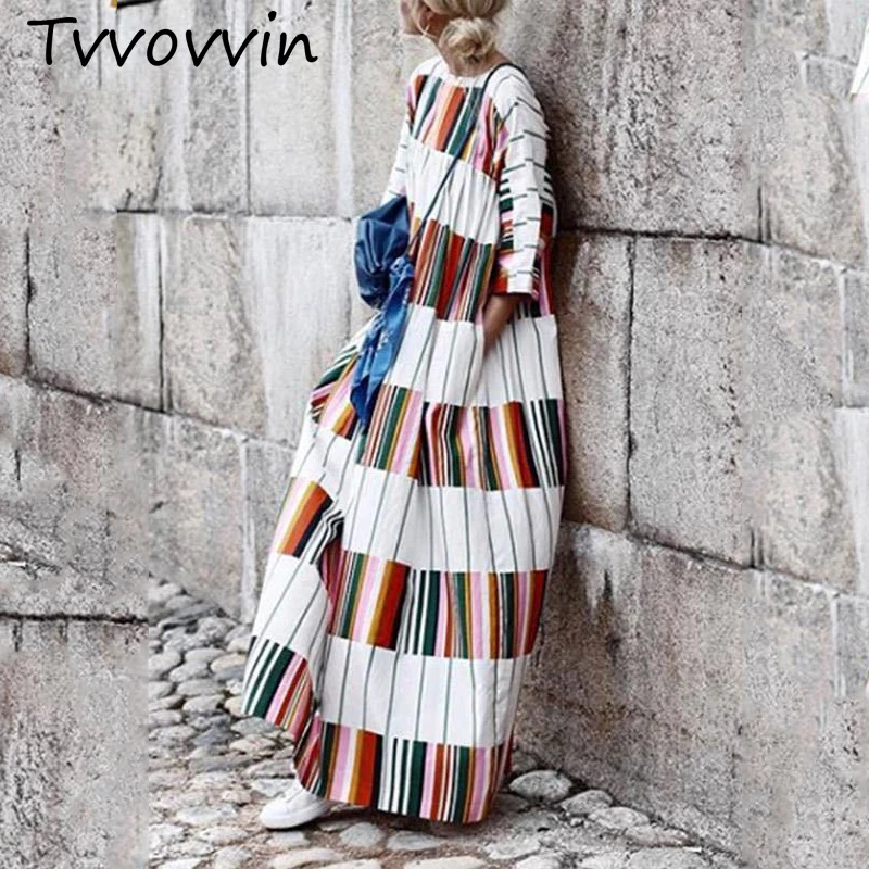 

2019 Summer Elegant Fashion Colorful Striped Dress O-Neck Long Sleeve Casual Vintage Casual Female Vestidos Dresses V437
