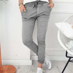 2018 Модные осенние весенние узкие брюки-карандаш женские карманные брюки с эластичной резинкой на талии повседневные узкие брюки на шнурке