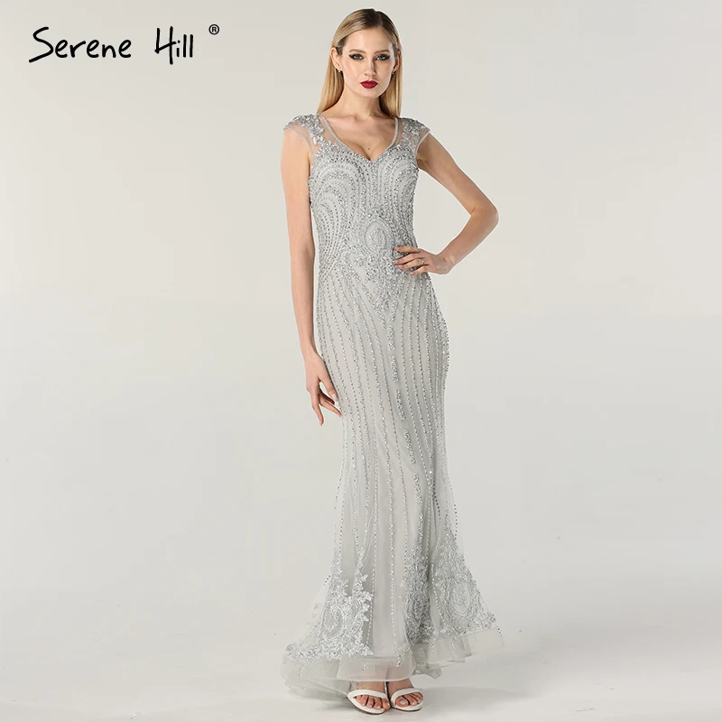

Dubai Design Grey V-Neck Luxury Evening Dresses Beading Pearls Sleeveless Sexy Evening Gowns 2019 Serene Hill LA60821