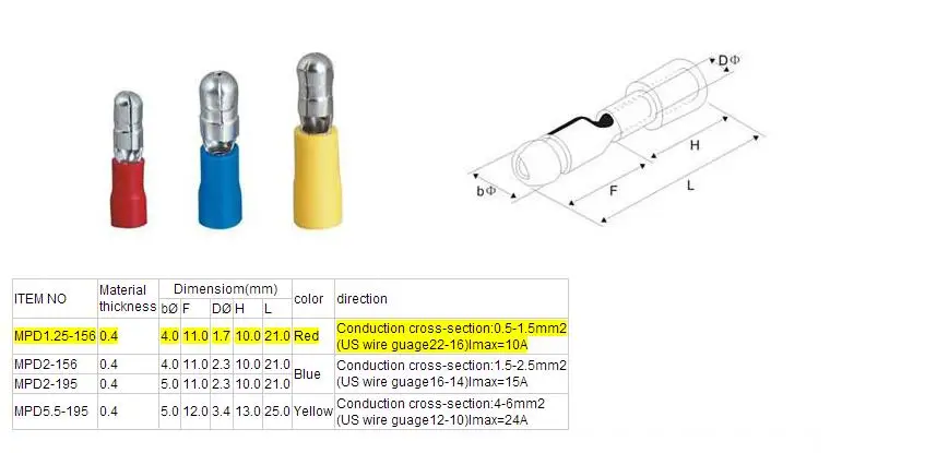 MPD+ FRD 100 шт пулевидный Женский Мужской изоляционный соединитель провода электрический обжимной терминал FRD+ MPD желтый