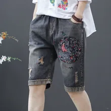 QPFJQD повседневные джинсовые шорты женские летние с цветочной вышивкой с высокой эластичной талией свободные женские винтажные широкие джинсы короткие штаны