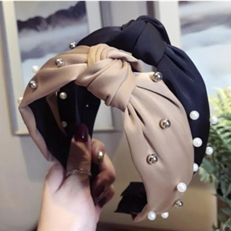 

Women Pearls Headband Solid Bow Knotted Center Hairband for Adult Girls Headwear Boutique Wide Hairband Fashion Hair Hoop Bow