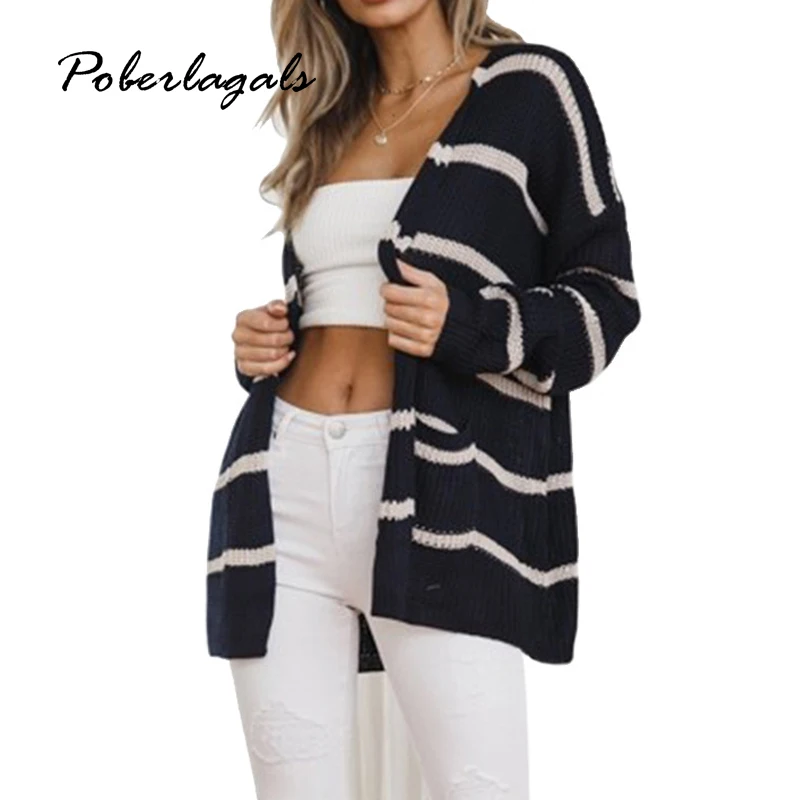 

Autumn winter 2018 female sweaters women's long knitted cardigan pocket stripe loose sweater cardigan women pull femme cardigans