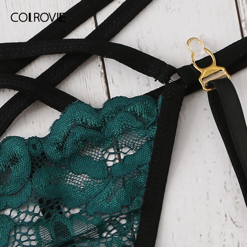 COLROVIE Green Harness Garter Lace Sexy Intimates Women Lingerie Set Transparent Underwear Hot Bra Set Ladies Bra and Panties