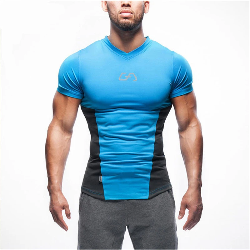

New 2019 Base Layer Splice V-neck T Shirt Fitness Tight Tennis Soccer Jersey Sportswear Quick Dry T Shirts Compression Shirt